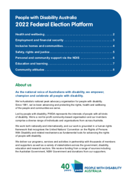 Cover image for 'People with Disability Australia: 2022 federal election platform'