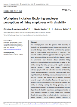 Cover image for 'Workplace inclusion: exploring employer perceptions of hiring employees with disability'