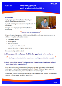 Cover image for 'Employing people with intellectual disability: tip sheet 1'
