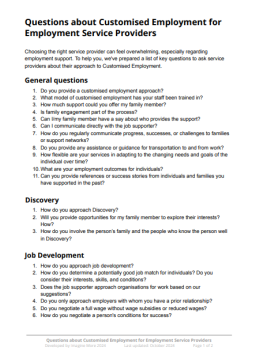 Cover image for 'Questions about Customised Employment for employment service providers'
